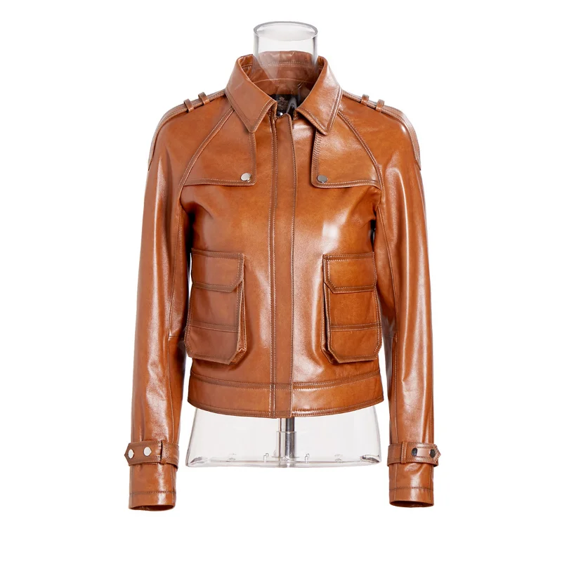 Genuine Leather Clothing Women\'s Spring and Autumn Fashion Fashion Short Slim Sheepskin Motorcycle Leather Jacket