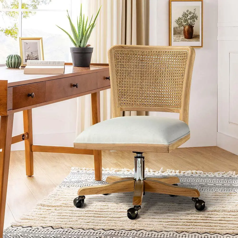 

Adjustable Height Rattan Swivel Chair with Upholstered Seat and Wheels, Linen