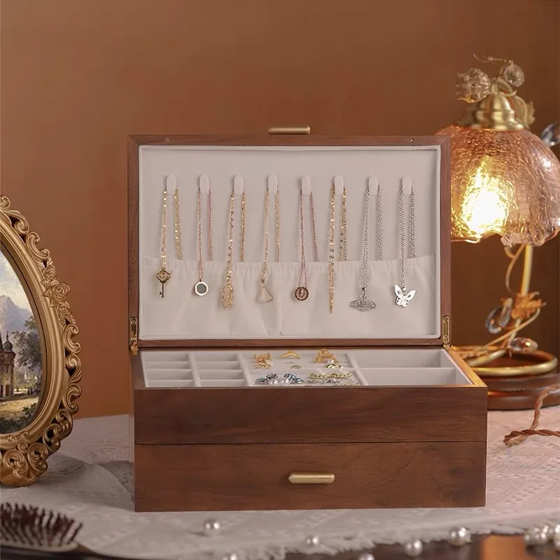 

Vintage Walnut Jewelry Box Drawer Jewelry Storage Box Lid Bracelet Watch Storage Stud Earrings Wooden Box