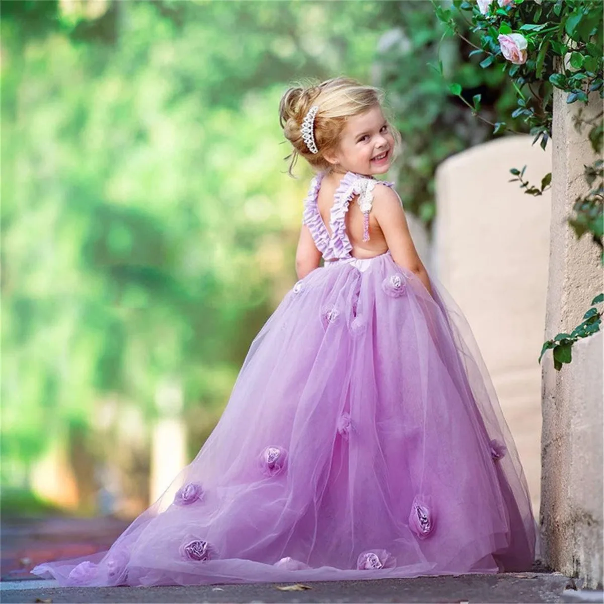 

Purple Lace Fluffy Flower Girl Dresses White Tulle 3d Appliques Celebrity Dress First Girl Party Communion Dresses