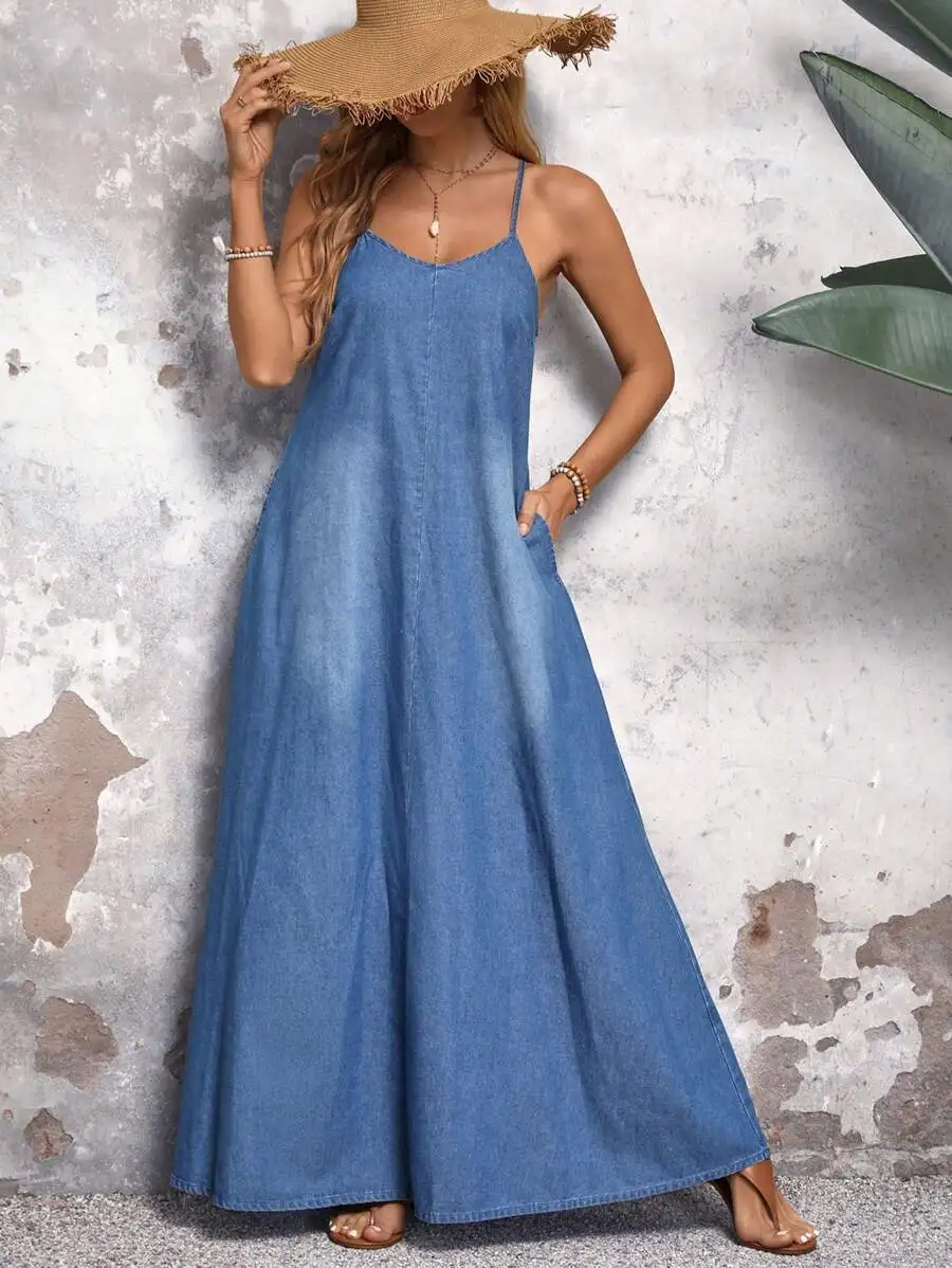 

Women's Denim Maxi Dress with Spaghetti Straps and Pockets