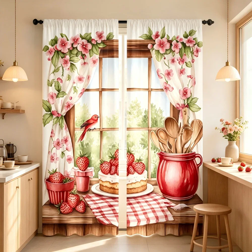 2PCS Digital Printed Curtain, Strawberry Cake Kitchen Window View, Country Rustic Kitchen Style Window Drapes for Dining Room