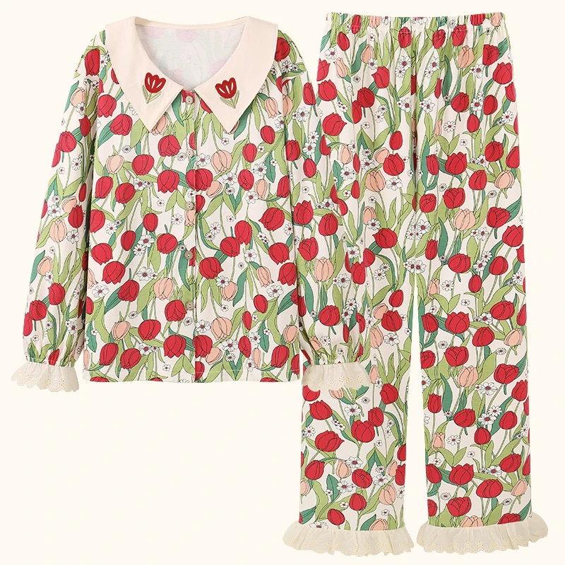 

Big Size M-4XL Women Pajamas Set Spring and Autumn Knited Cottton Long Sleeve Pyjamas Female Floral Pijamas