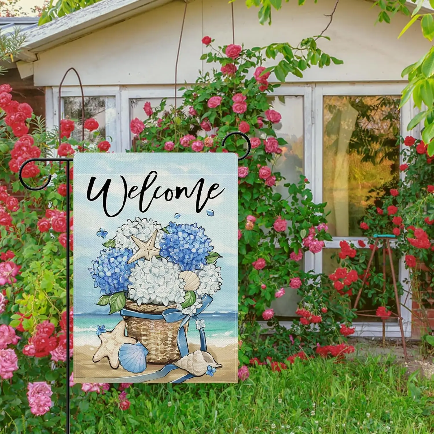 Dyrenson Welcome Spring Summer Beach Hydrangea Flower Decorative Garden Flag, Coastal Floral Basket Starfish Conch Yard Outs EEZ