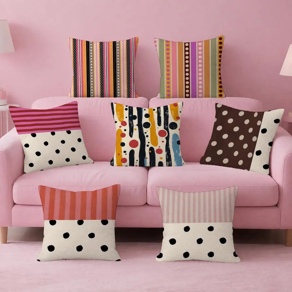 Art Boho Polka Dot Stripe Mix Cushion Cover Pink Linen Texture Cushion Cover Double Sided Invisible Zipper Deco