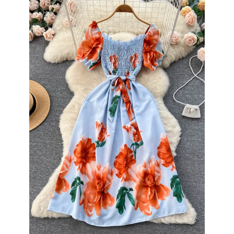 INS femmes été chic mince imprimé floral bandage robe midi décontracté col carré streetwear a-ligne vestido de festa robe de plage