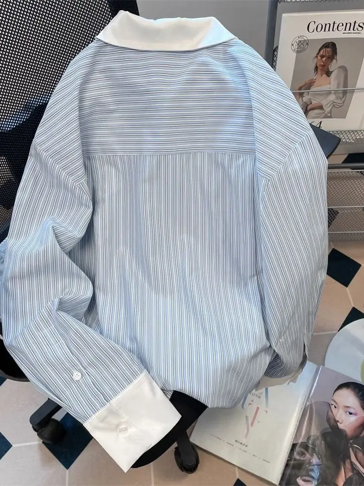 Chic Korean Style Women's Striped Shirt Beautiful 3D Floral Design Spring 2026 New Collection Breathable Loose Fit Long Sleeve