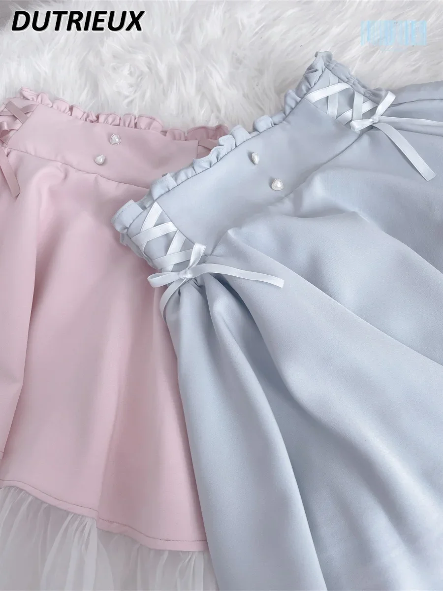 

Spring and Summer New Sweet Cute Girl Tied Lotus Leaf A-line Skirt Elastic High Waist Pure Color Short Skirts for Women