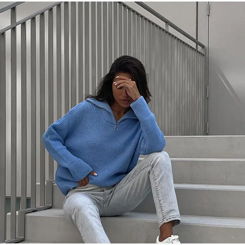 

Casual Women's Zipper Sweater Pullover Long Sve Loose Fit Knittedwear Color Faion Ladies' Winter Top