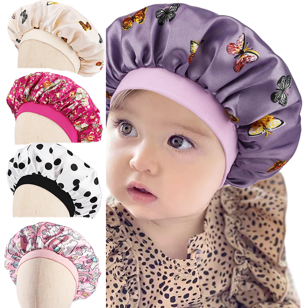 Dot Butterfly Print Silk Night Sleep Cap Children Hair Protect Turban Floral Pony Satin Beanie for Baby Girls Boys Evening Hat