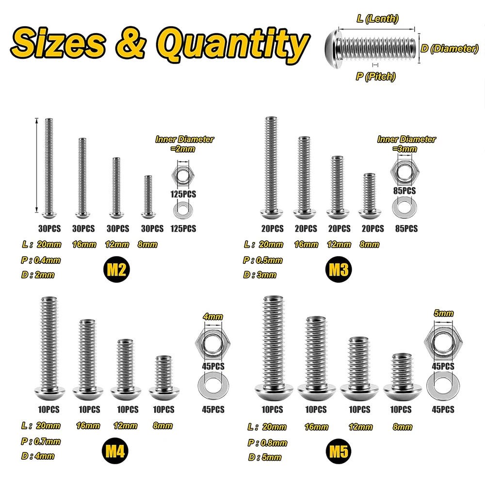 880pcs M2 M3 M4 M5 Screw Nuts and Bolts Assortment Kit 304 Stainless Steel Button Head Socket Cap Metric Screw Assortment