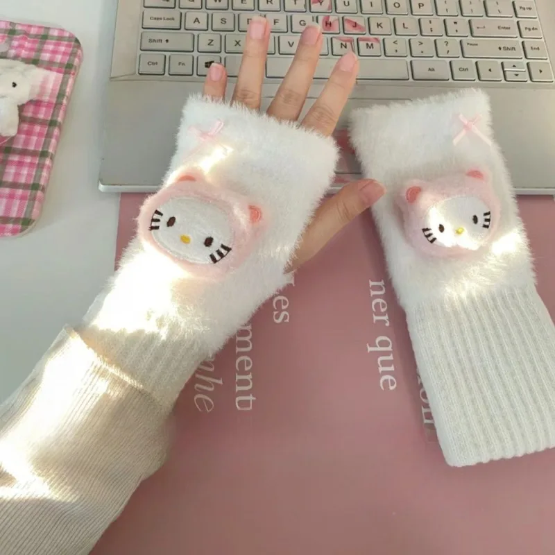 

MINISO Glove Hello Kitty Anime Peripheral New Pattern Plush Cartoon Half Finger Gloves Winter Warm Cold Proof Touchable Screen