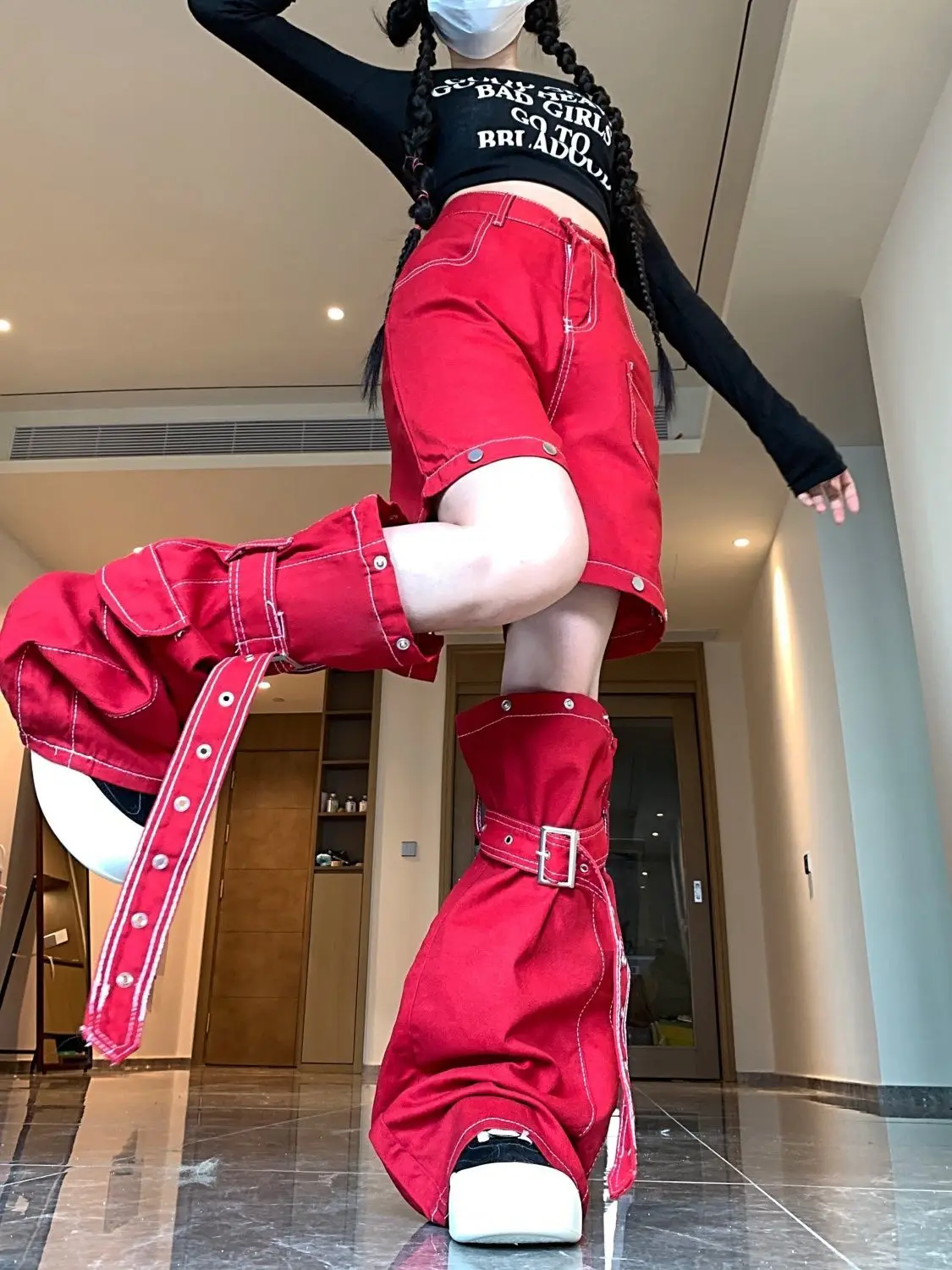 ผู้หญิงสูงเอวVINTAGE Red Cargoกางเกงยีนส์หญิงอเมริกันRetroฤดูร้อนStreetwearขากว้างDENIMกางเกงHip Hopกางเกงตรง