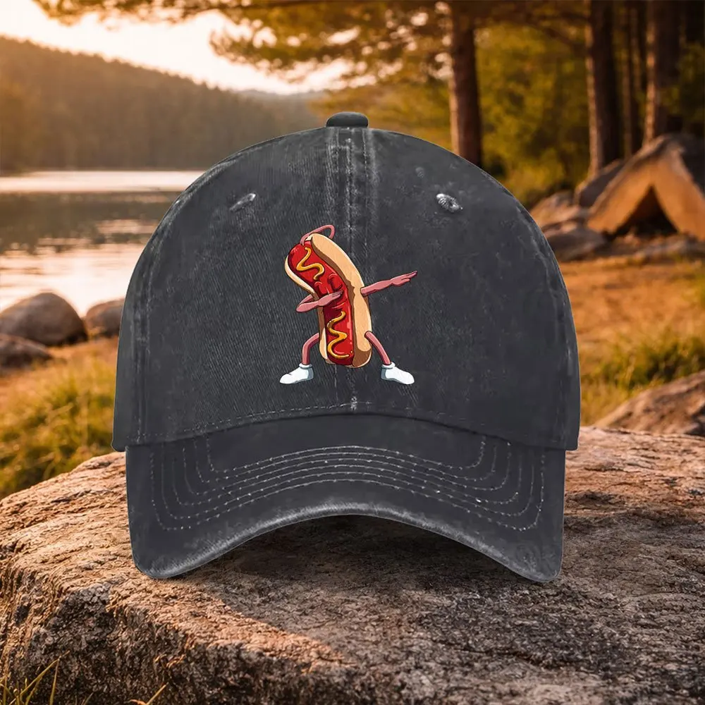 Casual All-Match Hot Dog Dancing Print Washed Baseball Cap, Suitable for Golf, Casual Wear And Outdoor Activities, Unisex Golf A