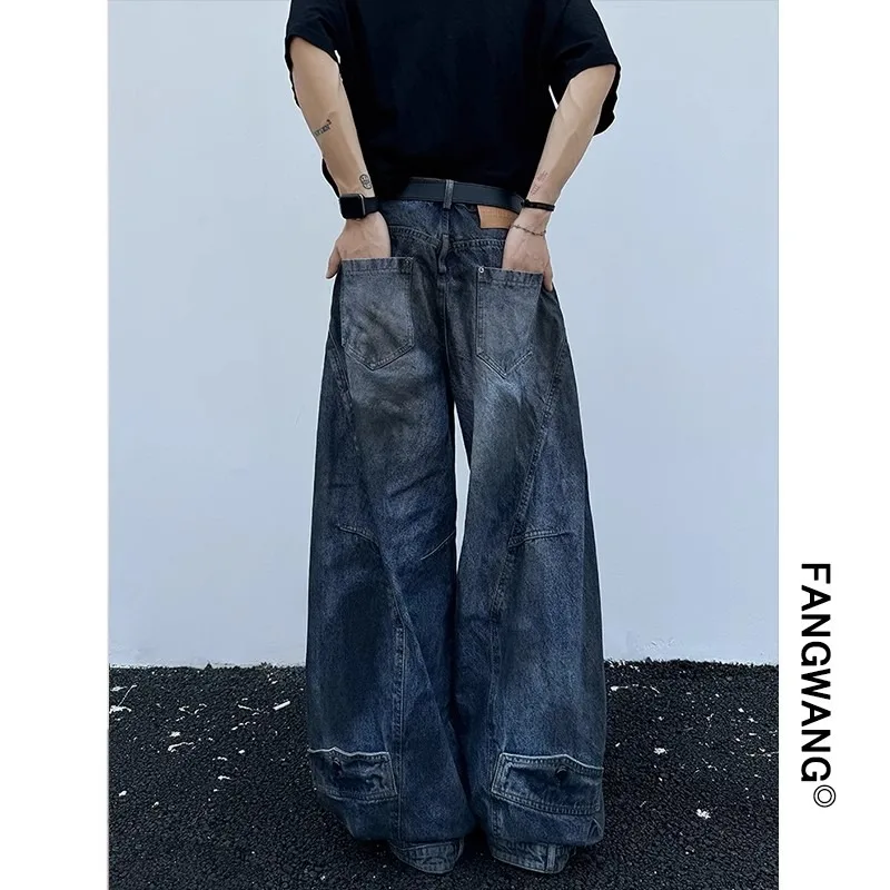 

New 2025 Men's Vintage Waed Denim Jeans Loose Wide Leg Pants Street Sle Heavy Design Reverse Waist Head Long Trousers