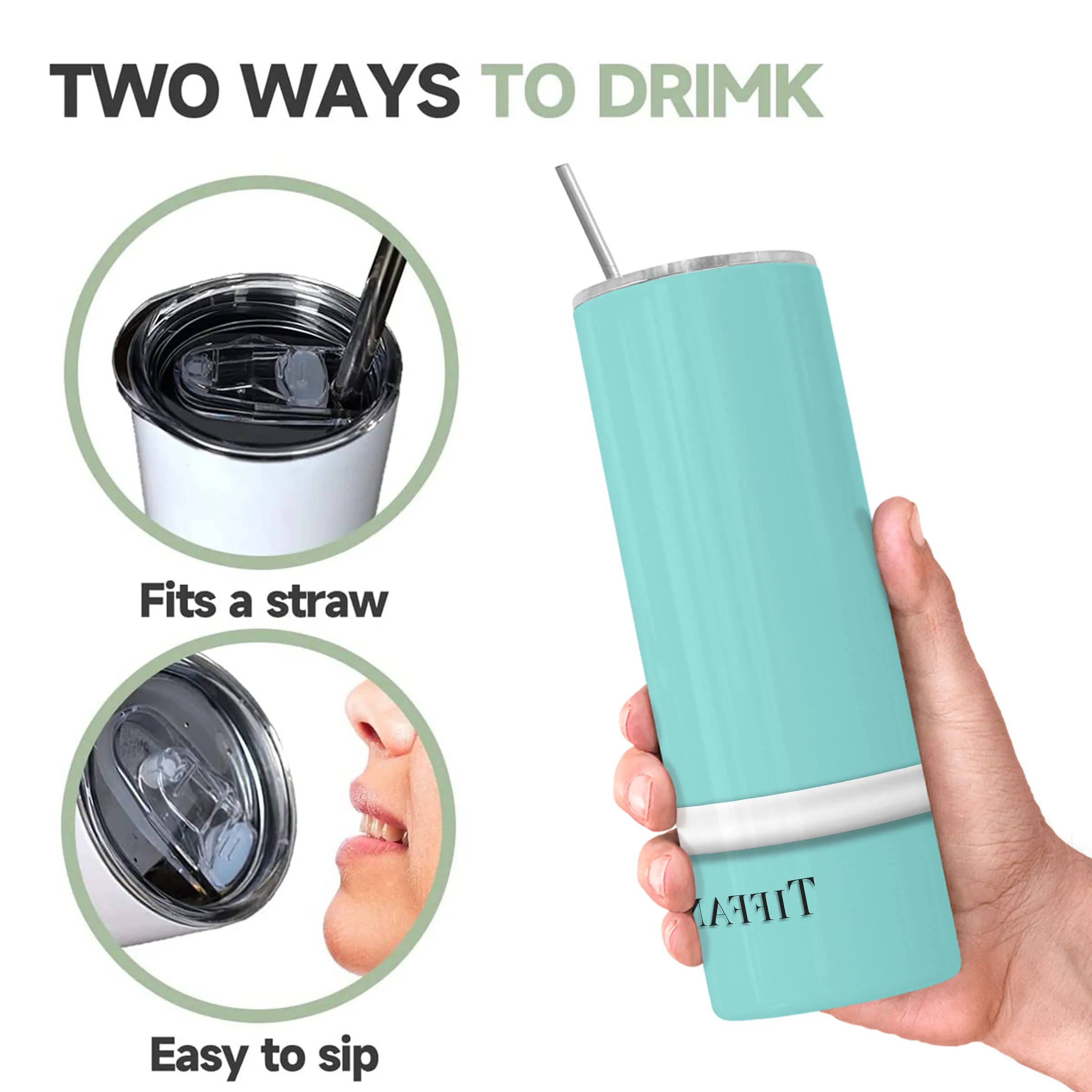 Y&Co. بهلوان معزول سعة 20 أونصة مع غطاء وقش من الفولاذ المقاوم للصدأ، تصميم فيونكة فضية باللون الأزرق المائي، جدار مزدوج معزول للفراغ