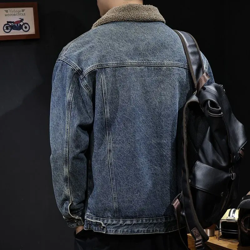 سترة صوف خروف عتيقة ملابس عمل مبطنة بالصوف معطف شتوي من القطن سترة سميكة دافئة من قماش الدنيم