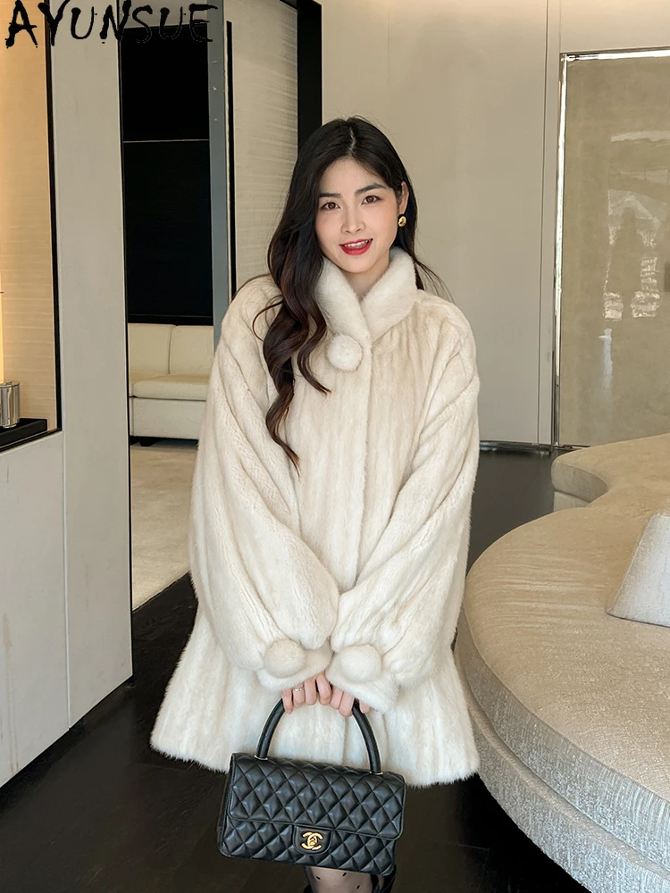 AYUNSUE Natural Mink Fur Coat Woman 2025 Winter Mid Length Elegant Real Fur Jackets for Woman Clothing High Quality Шуба Женская
