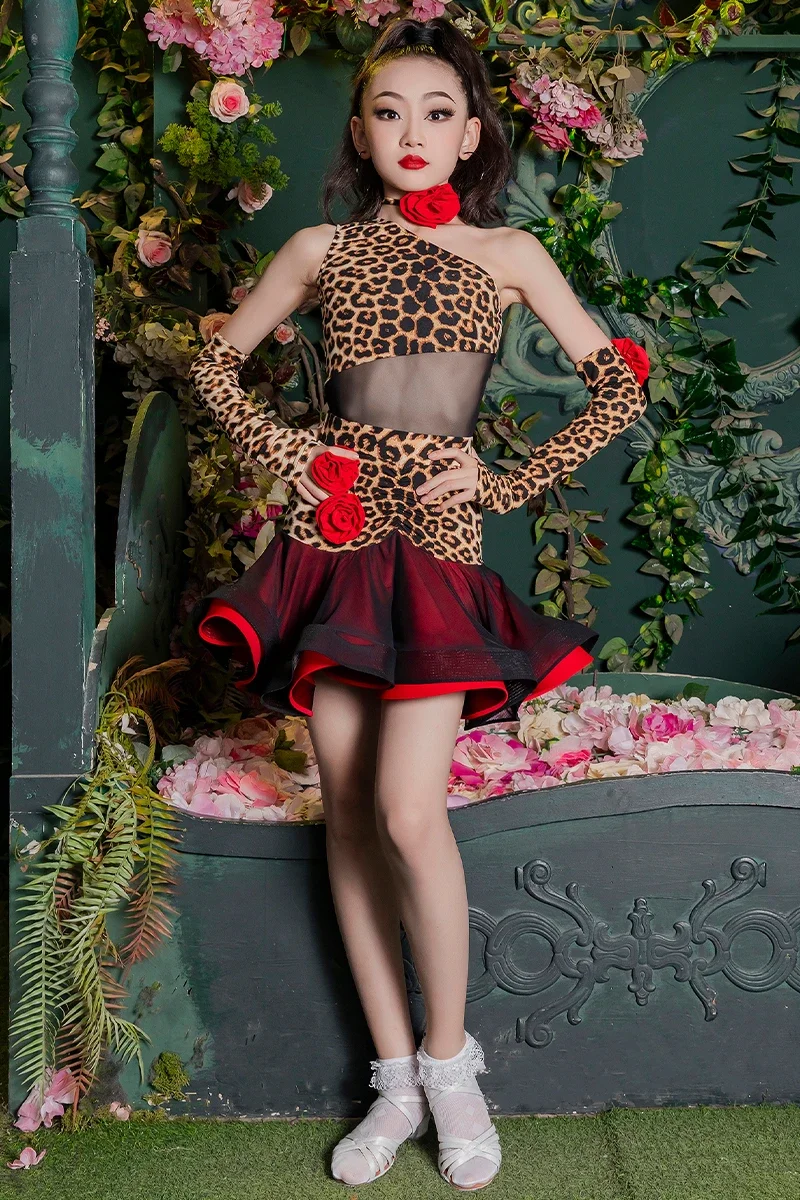 ガールラチンダンスパフォーマンスコスチューム、キッズレオパードスーツ、カリラスムバサムバ練習服、競技ドレス