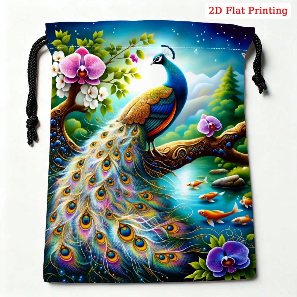 1Pc Peacock Print Drawstring Bag Blue Green Floral Pattern Storage Small Pouch For Travel Cosmetics Glasses Organizer Portable L