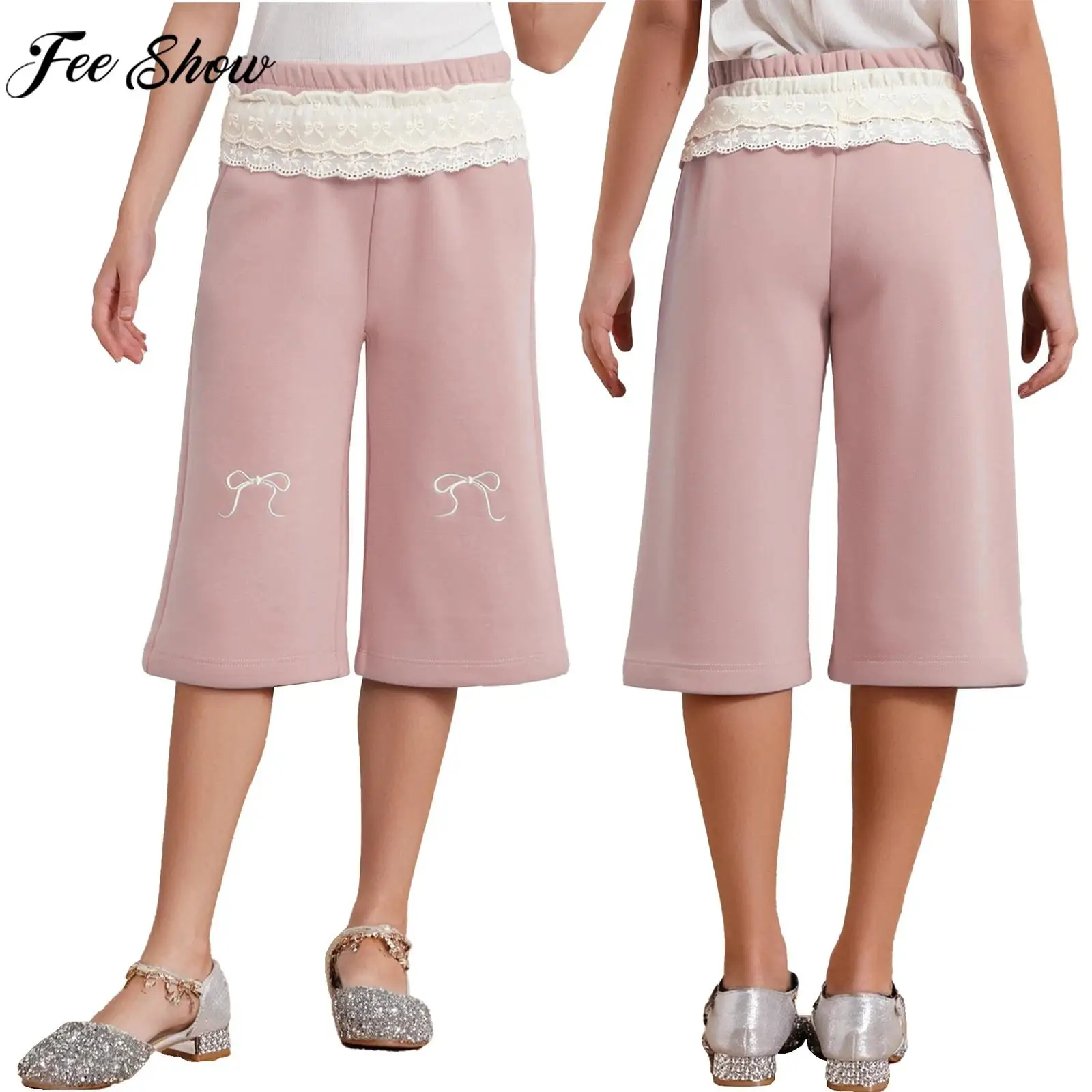 Kids Girls Sweet Cute Lace Casual Knee Length Pants Elastic Waistband Trousers Loungewear Daily School Party Holiday Costume