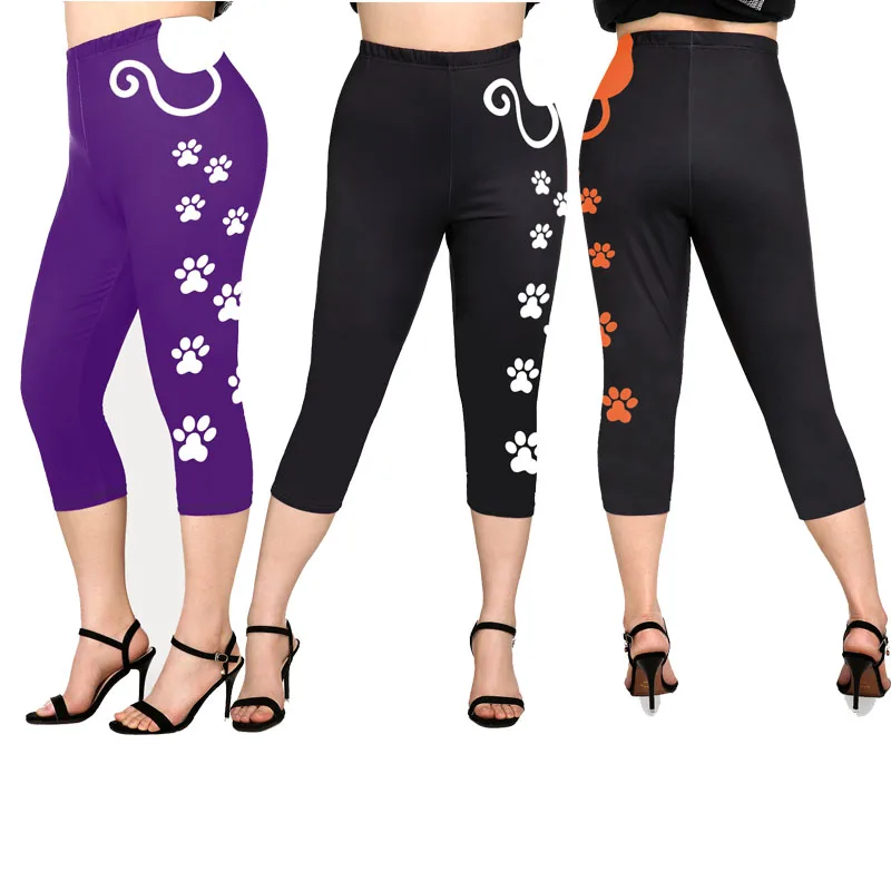 Legginsy Capri z nadrukiem kota, rozmiar 5XL, damskie, bezszwowe, obcisłe spodnie, wysoce elastyczne, do połowy łydki, casualowe spodnie, graficzne jegginsy.