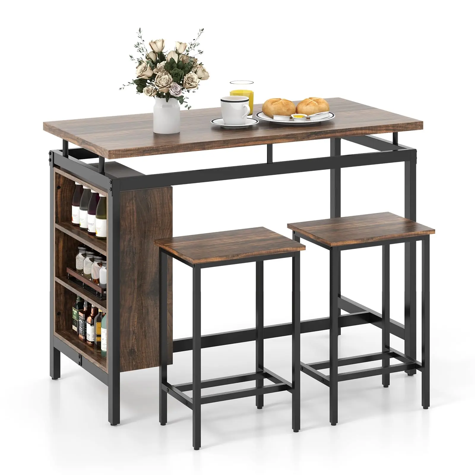 

3-Piece Counter Height Dining Table Set With 2 Bar Stools And 3-Tier Storage Shelf For Small Kitchen