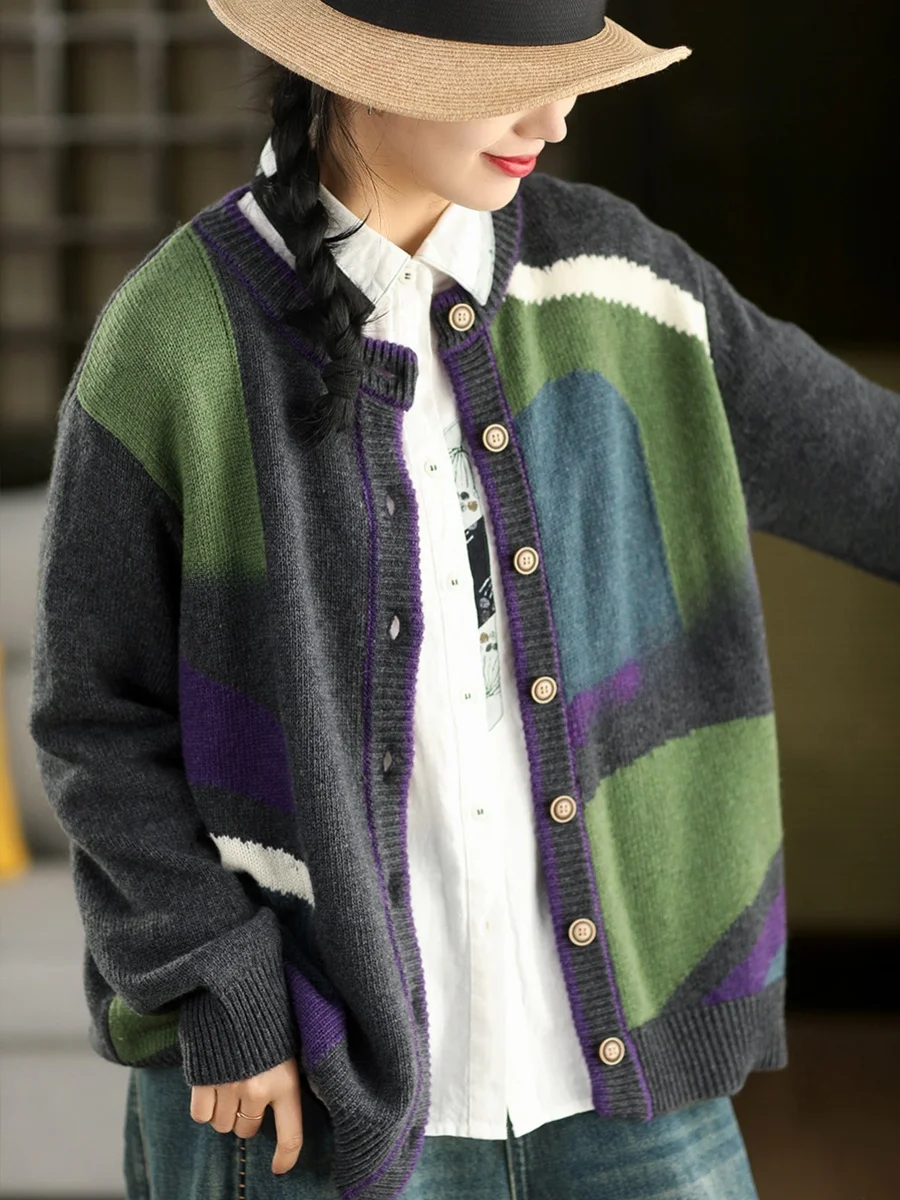

High Quality Vintage Color Block Wool Knitted Jacket Women's Spring Single Button round Neck Long Sleeve Sweater Cardigan Top