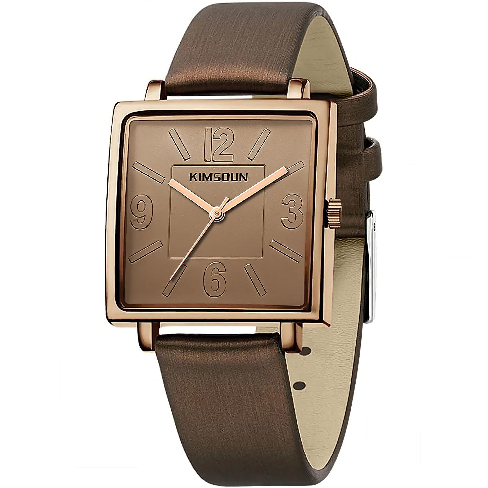 KIMSOUN Women Square Quartz Wristwatch Rose Gold Case Black Genuine Leather Strap Analog Watch Minimalist Casual Dress Waterproo