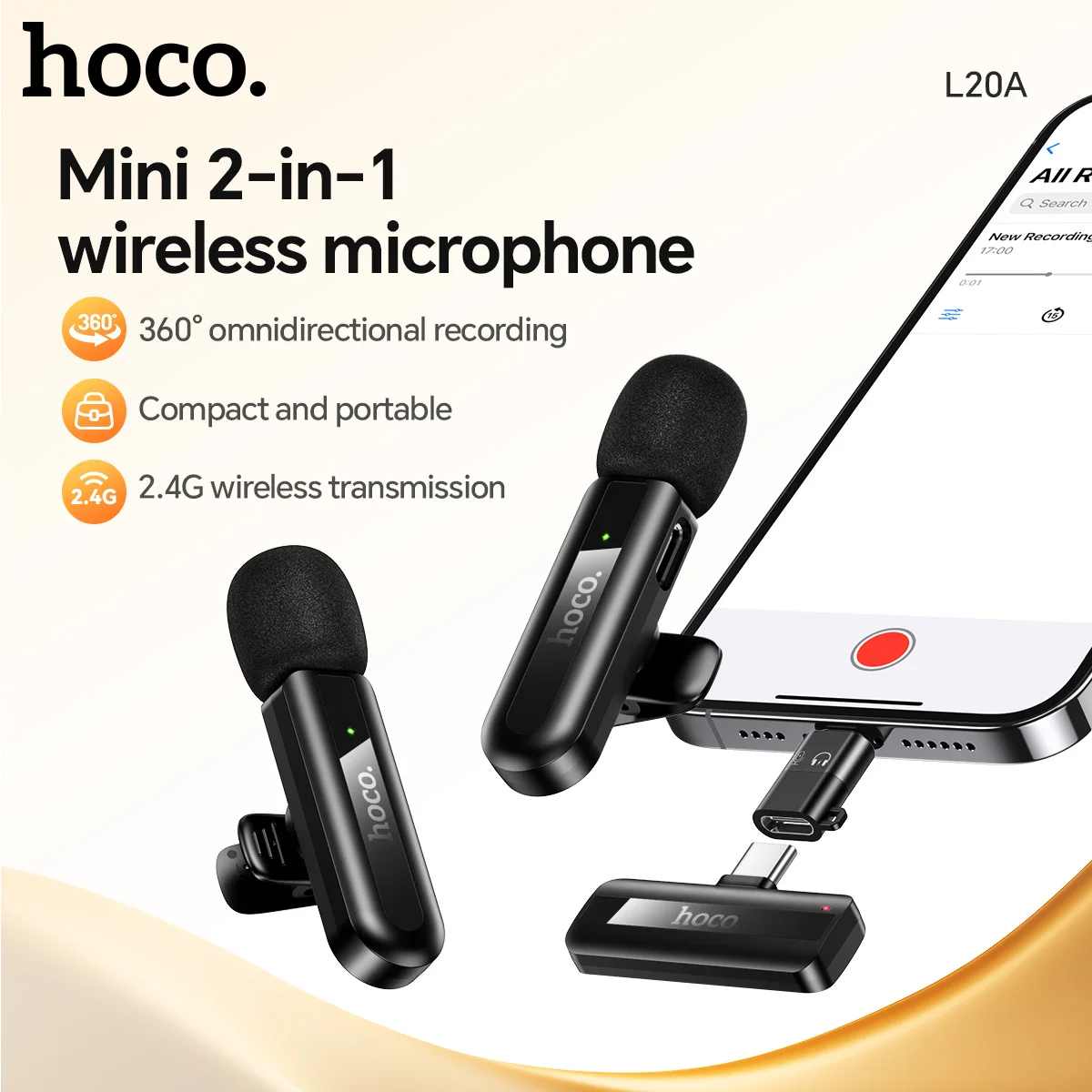 HOCO L20A Wireless Lavalier Lapel Mirophone Noise-cancelling Rechargeable Mic for iPhone Android Camera Live Streaming Vlogging
