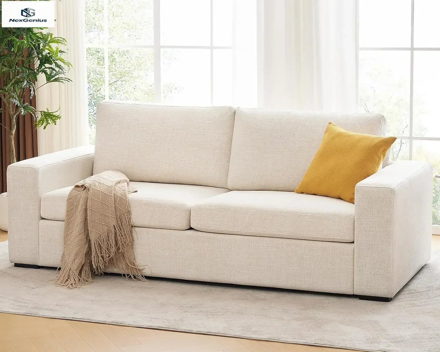 85 Inch Modern Sofa Couches Living Room Three Seater Sofa Natural Linen Deep Seat Sofa Upholstered Cushion Detachable Cover Comf