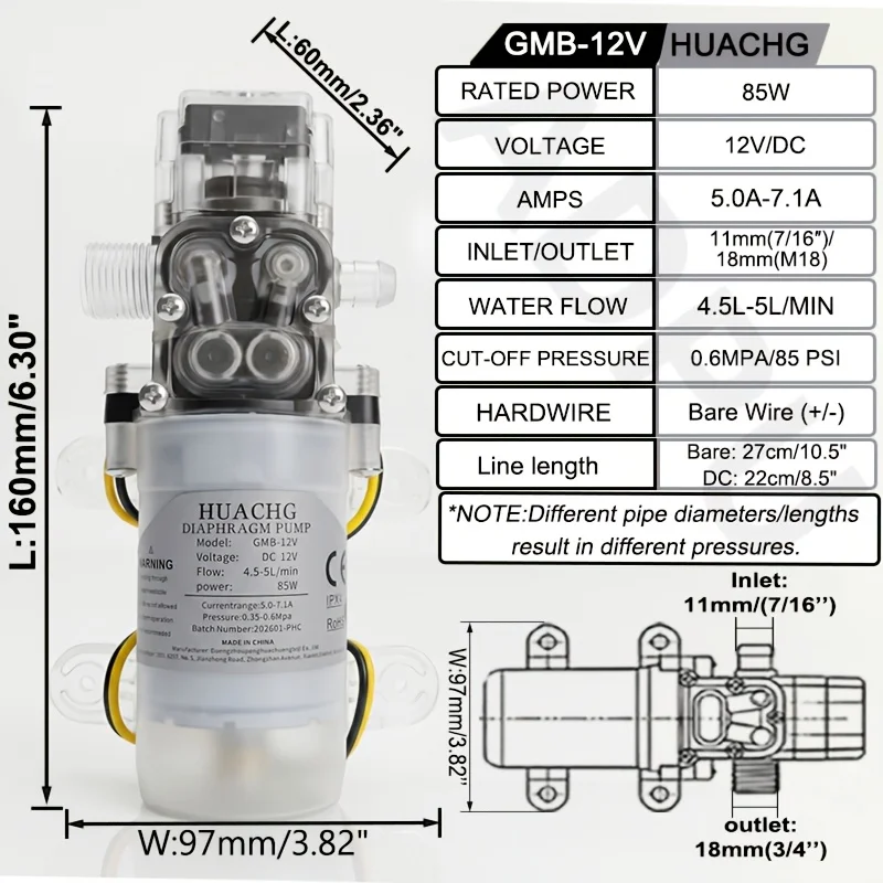 Automatic Pressure Switch DC 12V Portable Self-Priming Diaphragm Water Pump, M18 to G1/2 Brass Fittings 10mm
