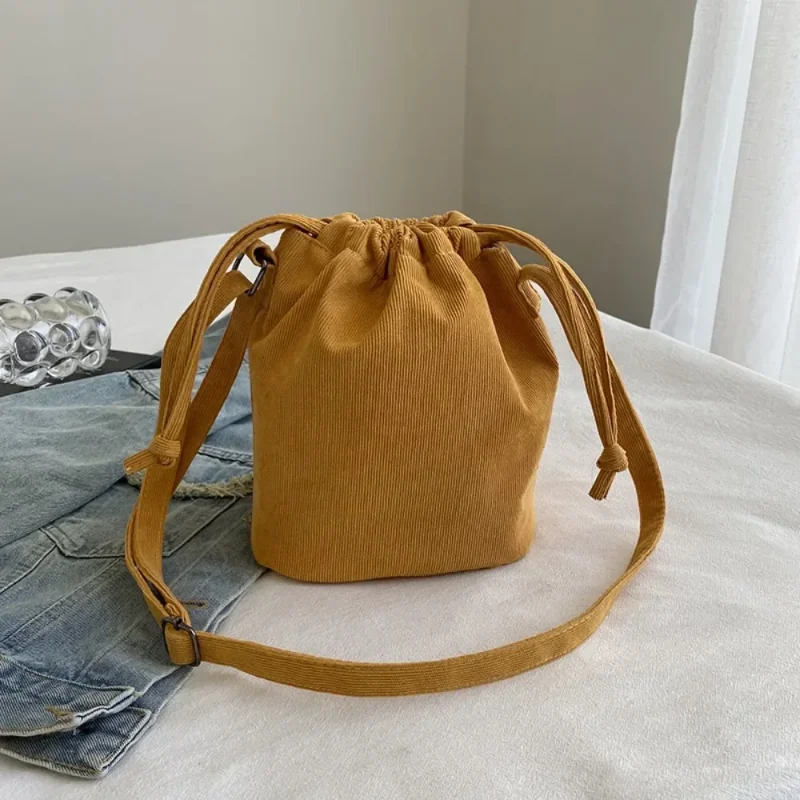 New Women Bag Middle Shoulder Bag Korean Style Drawstring Bucket Bag Casual Light Youth Whole Sale Corduroy Bolsas