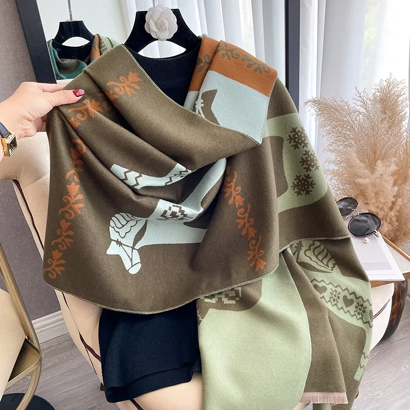 Luxury Warm Poncho Cashmere Winter Women Scarf Horse Print Shawl Wraps Female Thick Pashmina Blanket Bufanda Travel Echarpe 2024