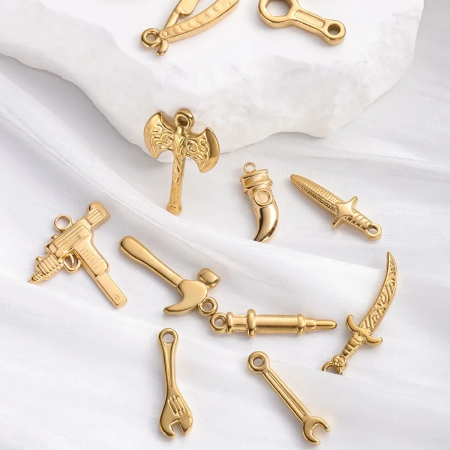 Simple 4Pcs Stainless Steel Charms Tool Dagger Spear Axe Sword Pendant DIY For Women Men Necklace Keychain Making Accessories