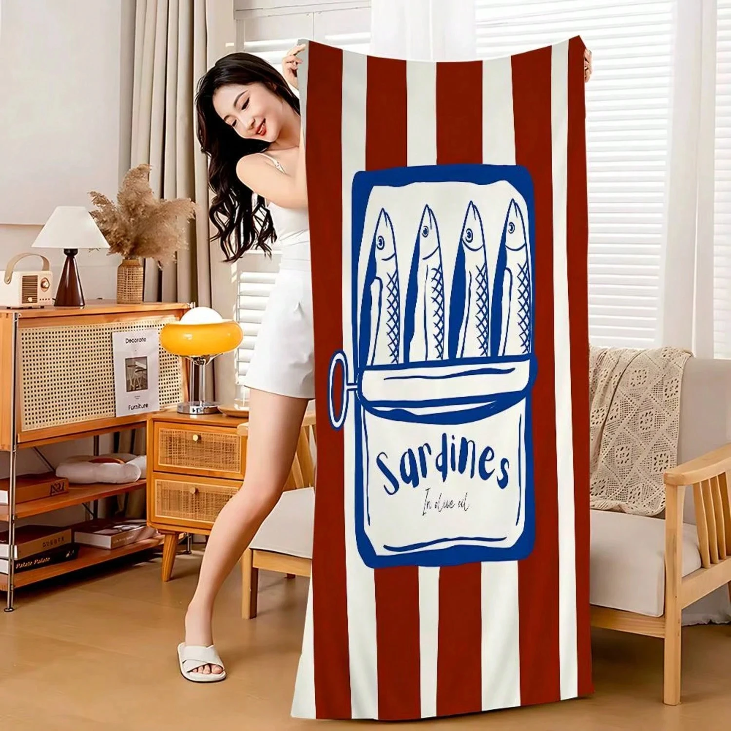 1pc Vintage Sardine Can Print Quick Dry Lightweight Breathable Comfortable Beach Towel  for Summer Outdoor Activities