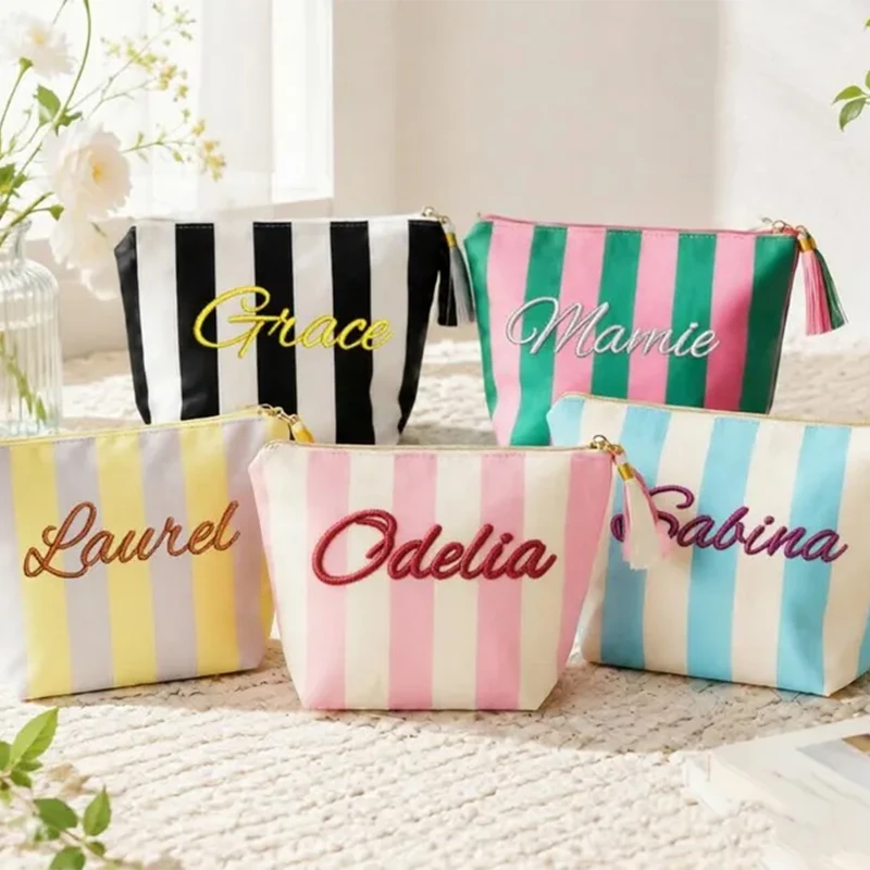 Personalized Stripe Cosmetic Bag Custom Name Embroidered Makeup Pouch Portable Travel Toiletry Bag Gift For Women Bridesmaid