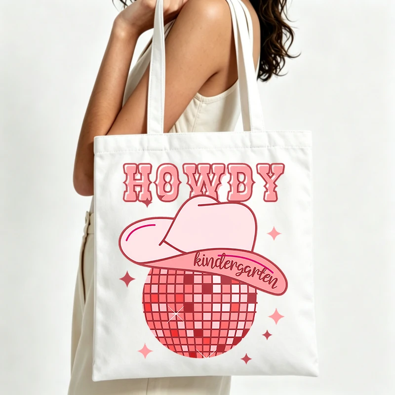 western hat and disco ball graphic canvas tote bag, retro style for casual daily use and shopping outings