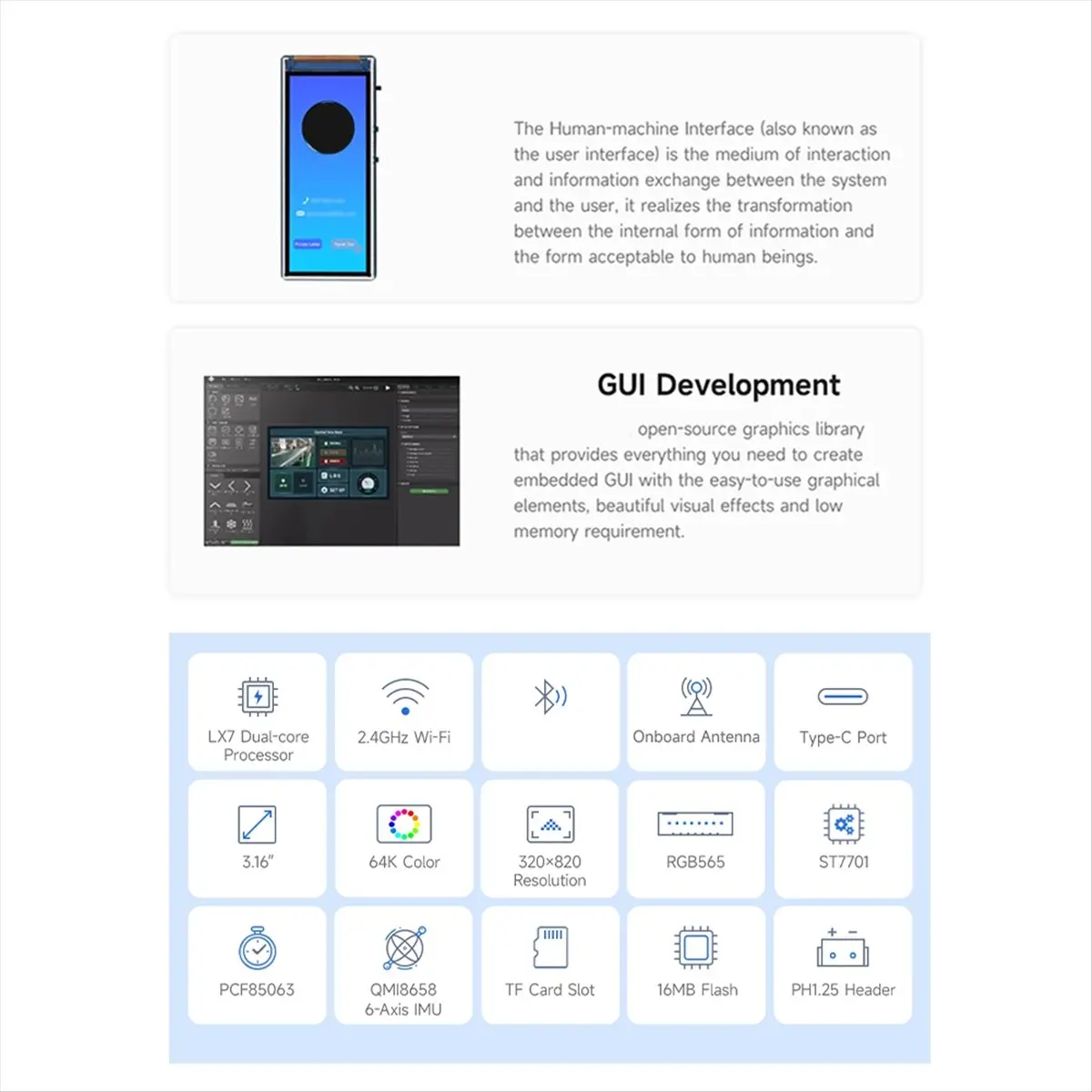 SPECIAL OFFER - 3.16inch Display Development Board, 320x820 Pixels, 262K Color, 32-Bit LX7 Dual-Core Processor, Up to 240MHz
