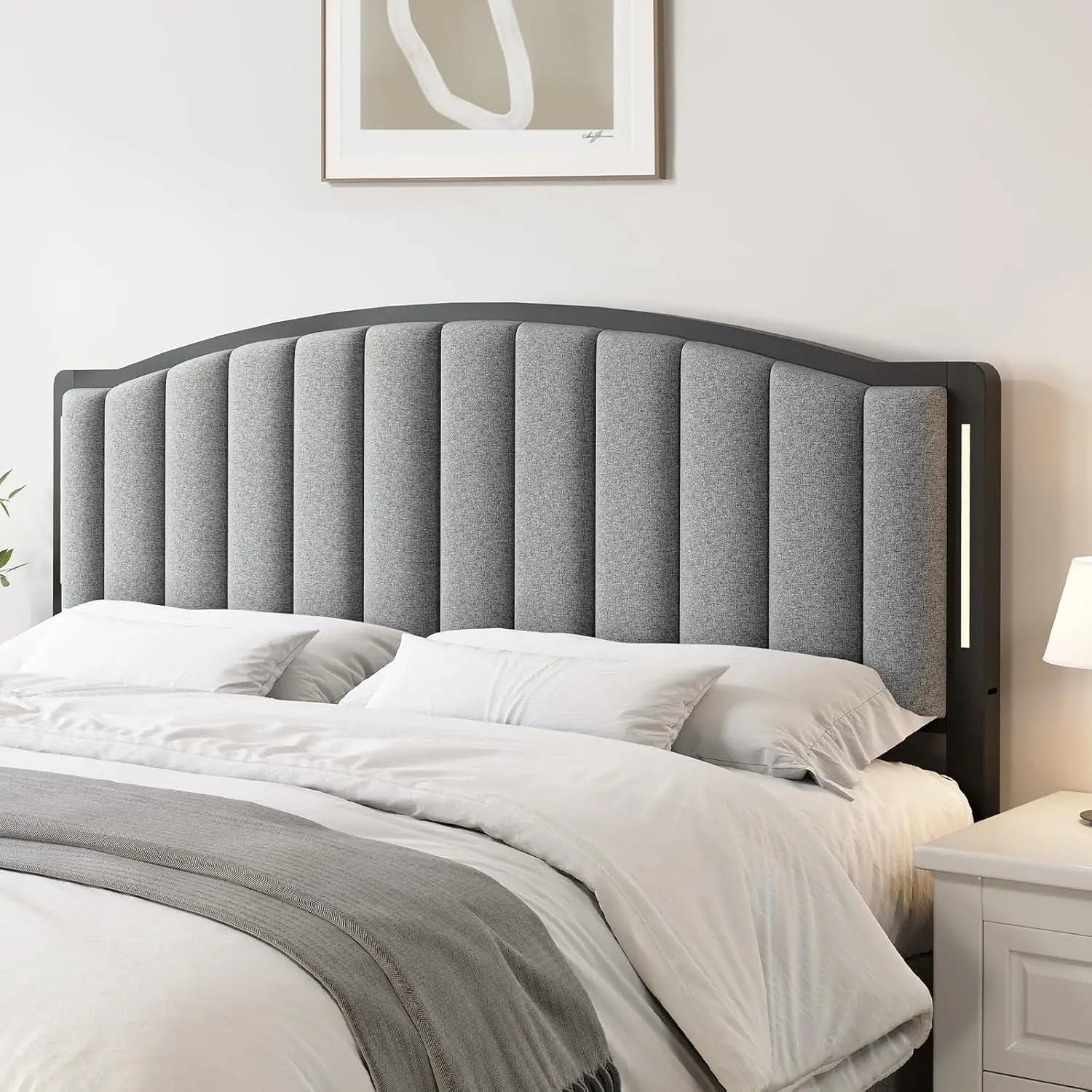 

Headboard for King Size Bed with LED Lights Upholstered Vertical Channel Tufting Head Boards Linen Fabric Bed Headboard Only