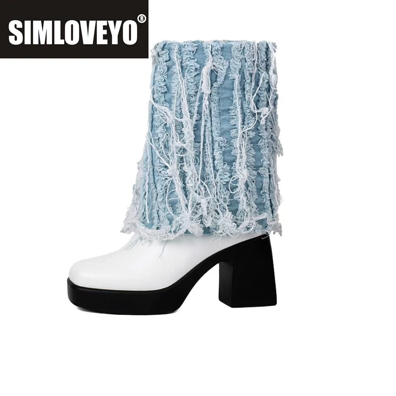 

SIMLOVEYO 2024, дизайнерские ботинки с кисточками, туфли на блочном каблуке 8,5 см, высокая платформа, высота 2,5 см, с круглым носком, до середины икры, большой размер 41 42 43