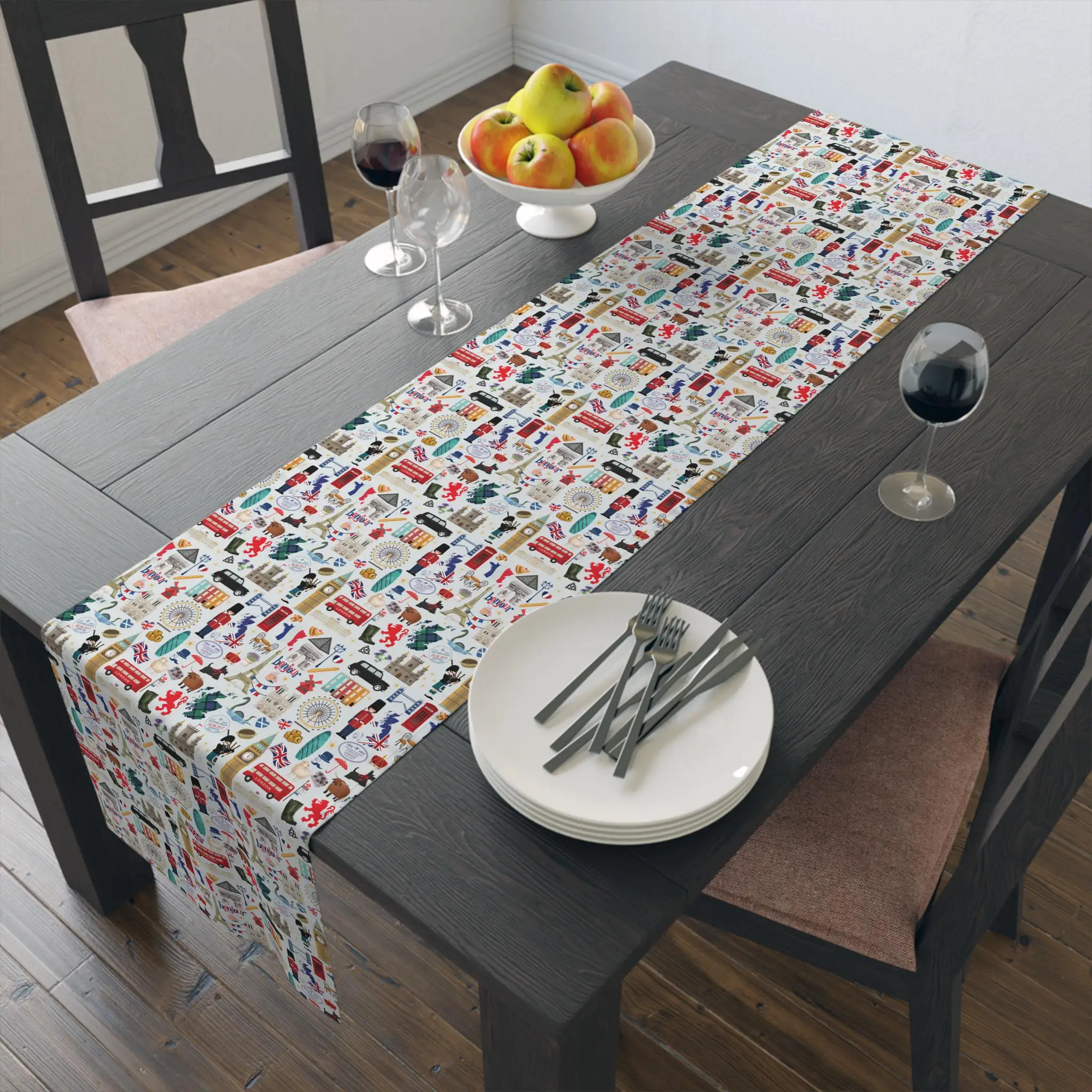 European City Table Runner, London Paris Scotland & England France Prints, Stylish Kitchen & Dining Table Decor