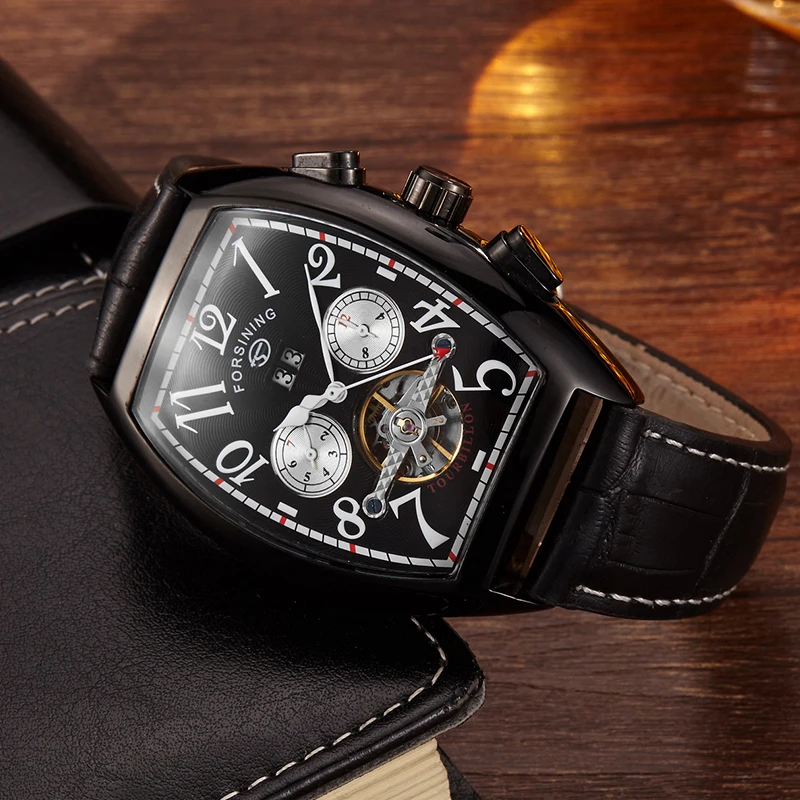 FORSINING Luxury Tonneau Men\'s Mechanical Watch Skeleton Automatic Date Dial Design Chronograph Leather Strap Business Clock New