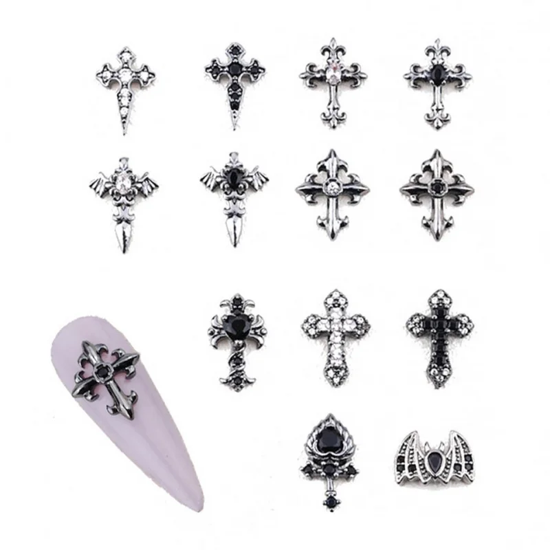 5pcs Nail Charms Black Cross Gothic Punk Style Nails Decoration Alloy Accessories Luxury Nail Charms Love Chain Pendant Designer