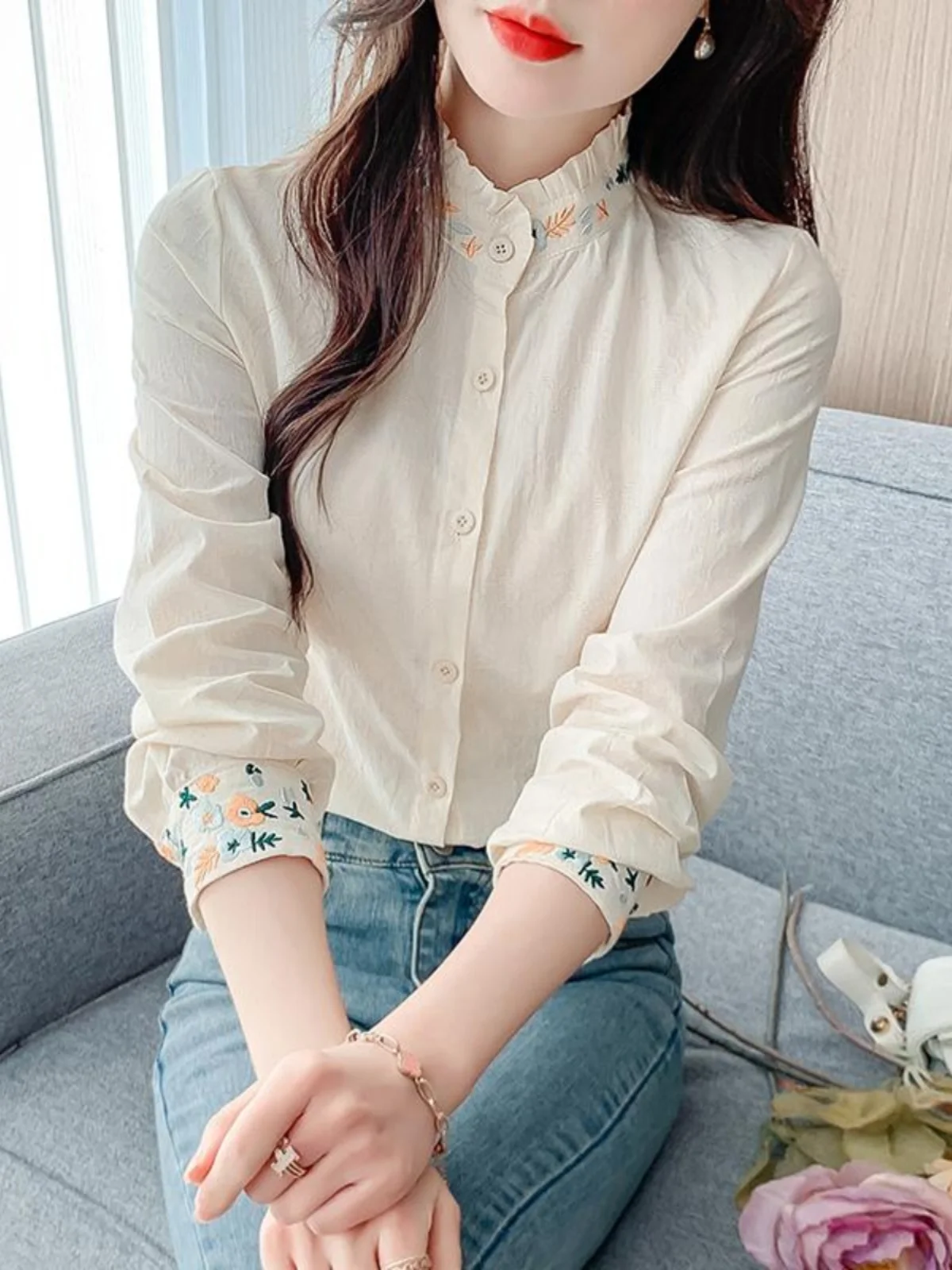 

Ele Pure Cotton Embroidered Long Sve Stand Collar Women's irt Spring 2026 New Sle Korean Sle Commute Faion