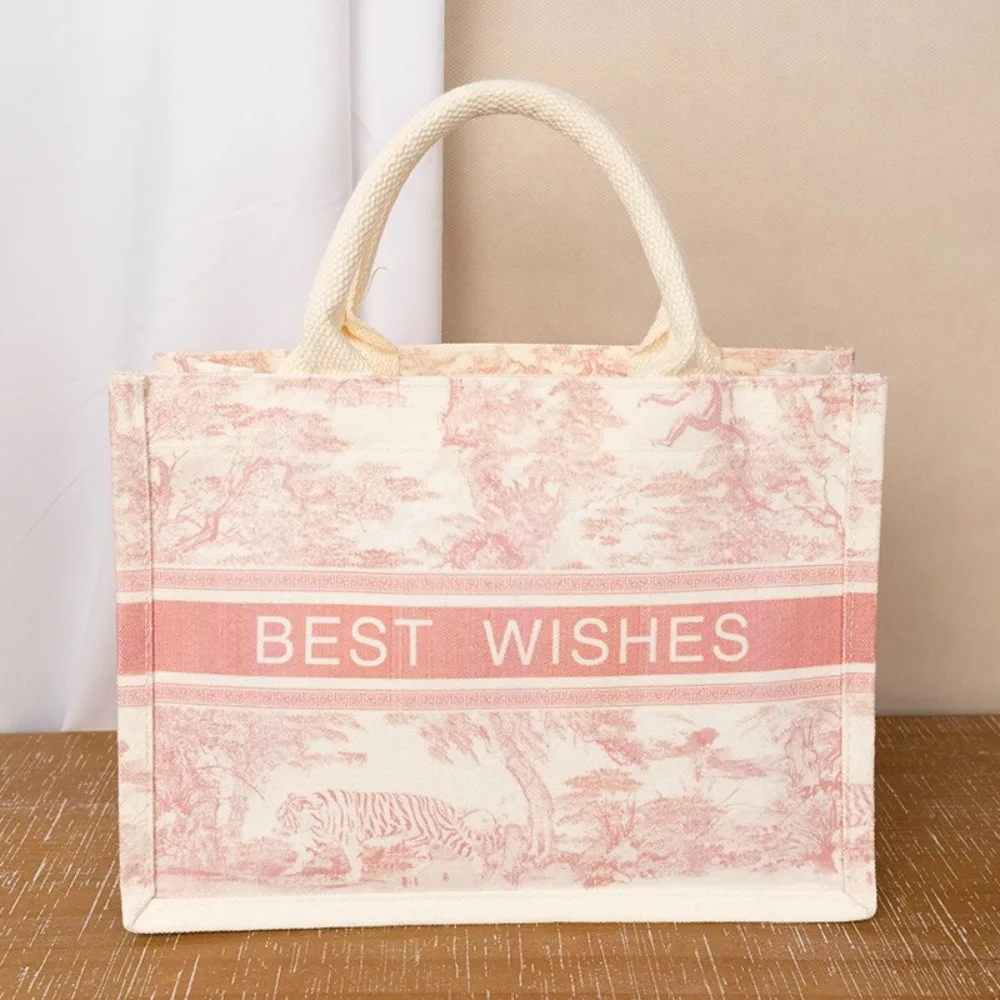 Simple Canvas Shoulder Bag Large Capacity Reusable Tote Bag Creative Flower Print Handbag