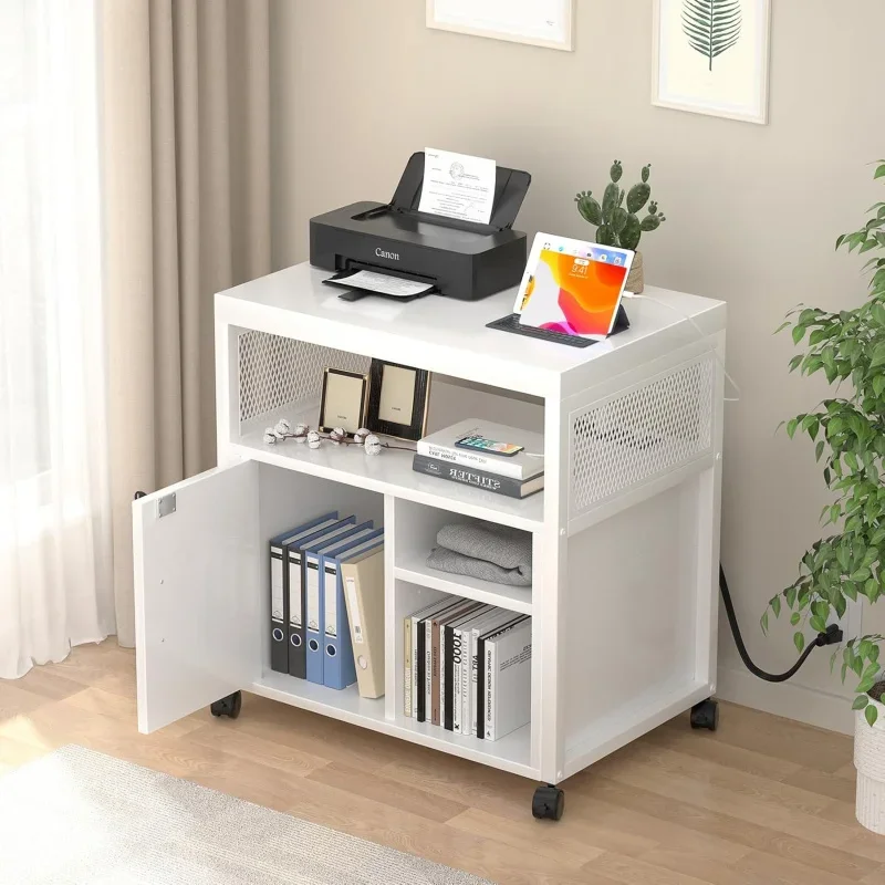 Rolling File Lateral Office Filing Cabinets Socket and USB Charging Port, Modern Printer Stand on Wheels, Cabinet with Door Open