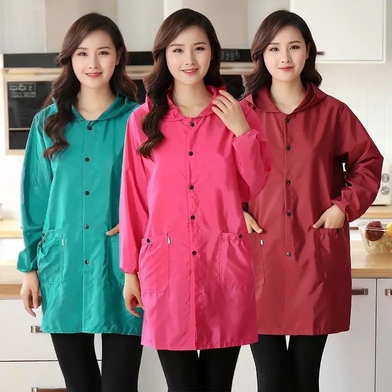 Thin Style Waterproof Work Clothes Women's Long Sleeve Kitchen Apron Catering Baking Oil Proof Smock Restaurant Uniforms Y0718