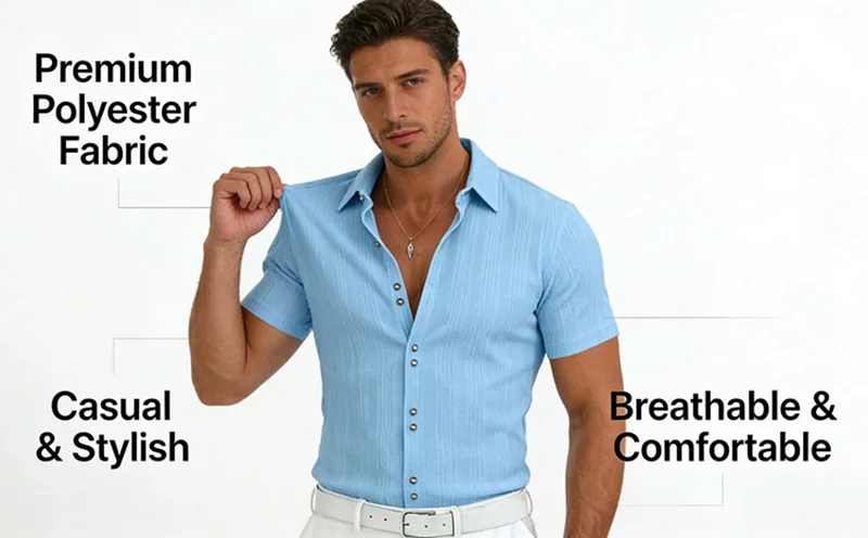 Herren Strukturiertes Gewebtes Polyester-Hemd Kurzarm Umlegekragen Knopfleiste Lässig Atmungsaktiv Sommer Strand Oberteil für Männer – Detail 1