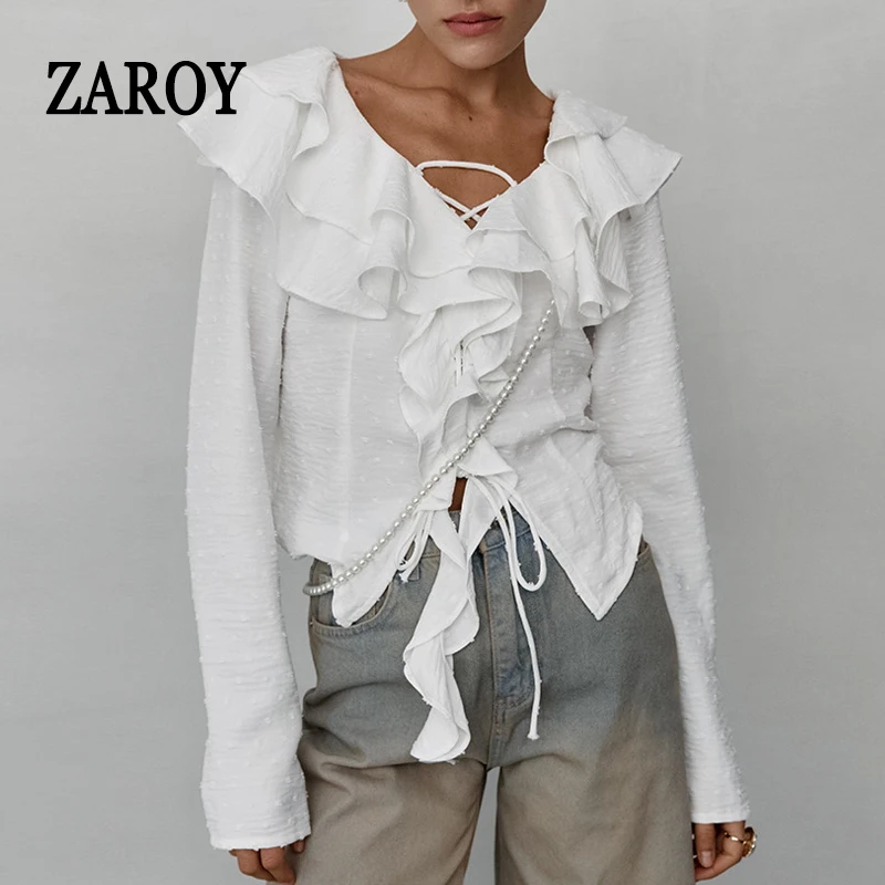 

ZAROY Layered Ruffled Shirts & Blouses Women Tops Autumn Long Sleeve V Neck Frill White Chiffon Lace-up Females Shirt руба